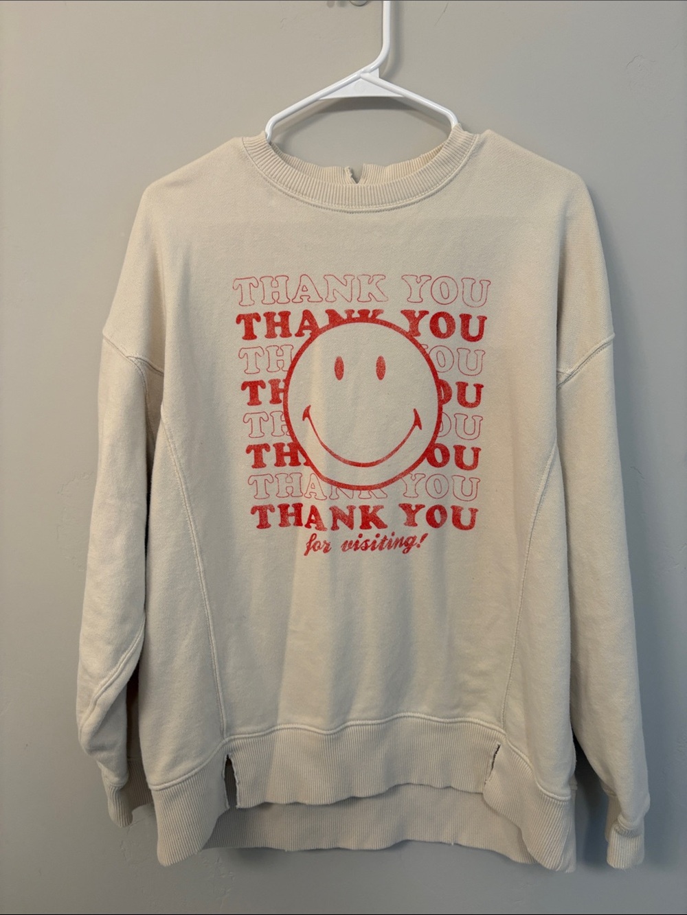 aerie Cream Crewneck Sweatshirt with Red Smiley Graphic